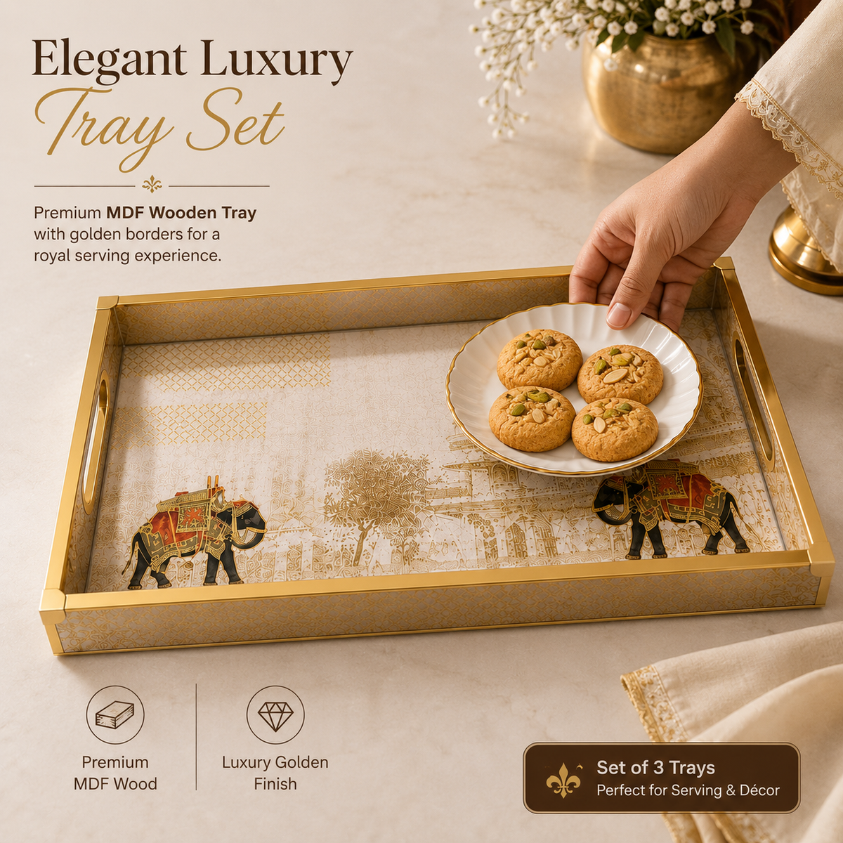 Golden Raj Heritage 3Pcs Tray Set