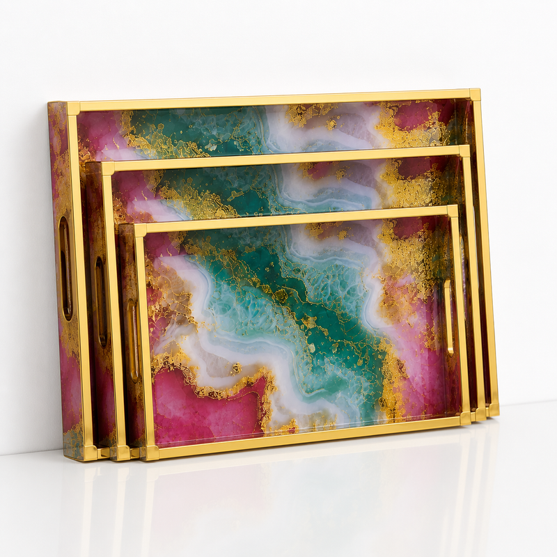 Golden Lagoon Marble 3 Pcs Tray Set