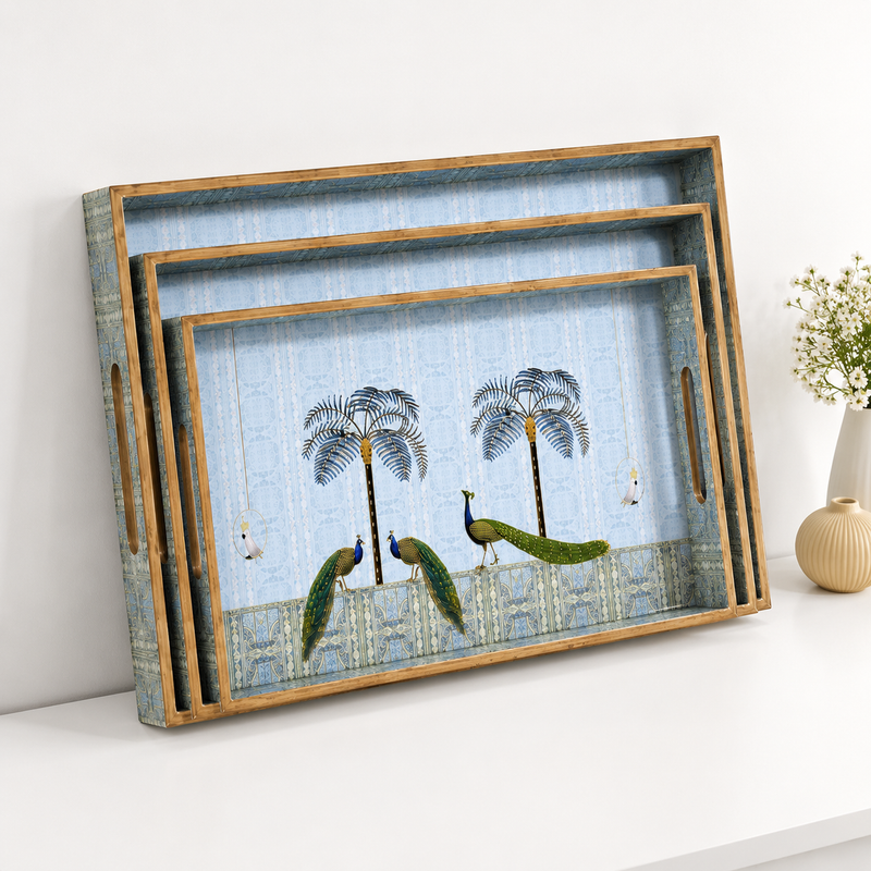 Golden Blue Palm 3Pcs Tray Set