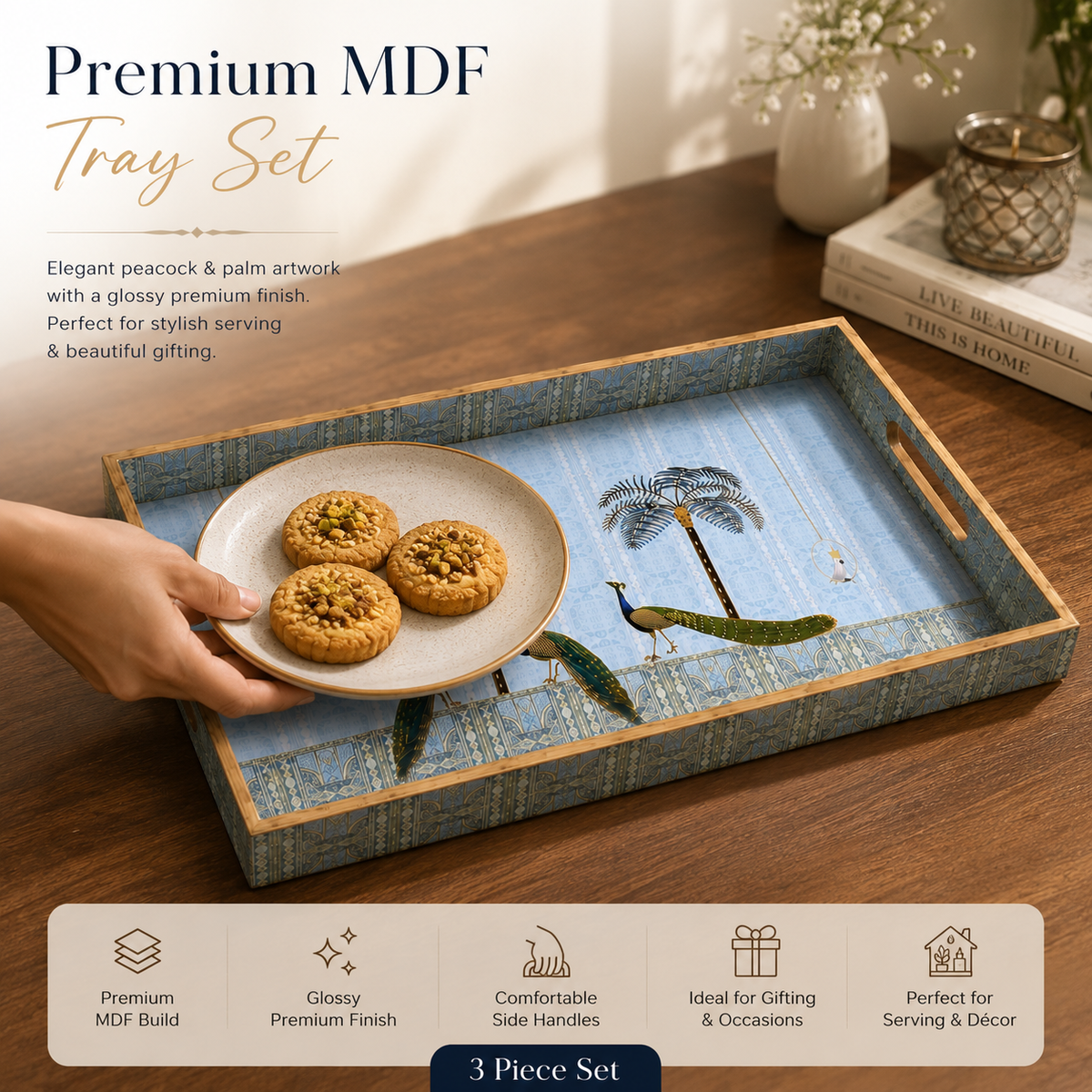 Golden Blue Palm 3Pcs Tray Set