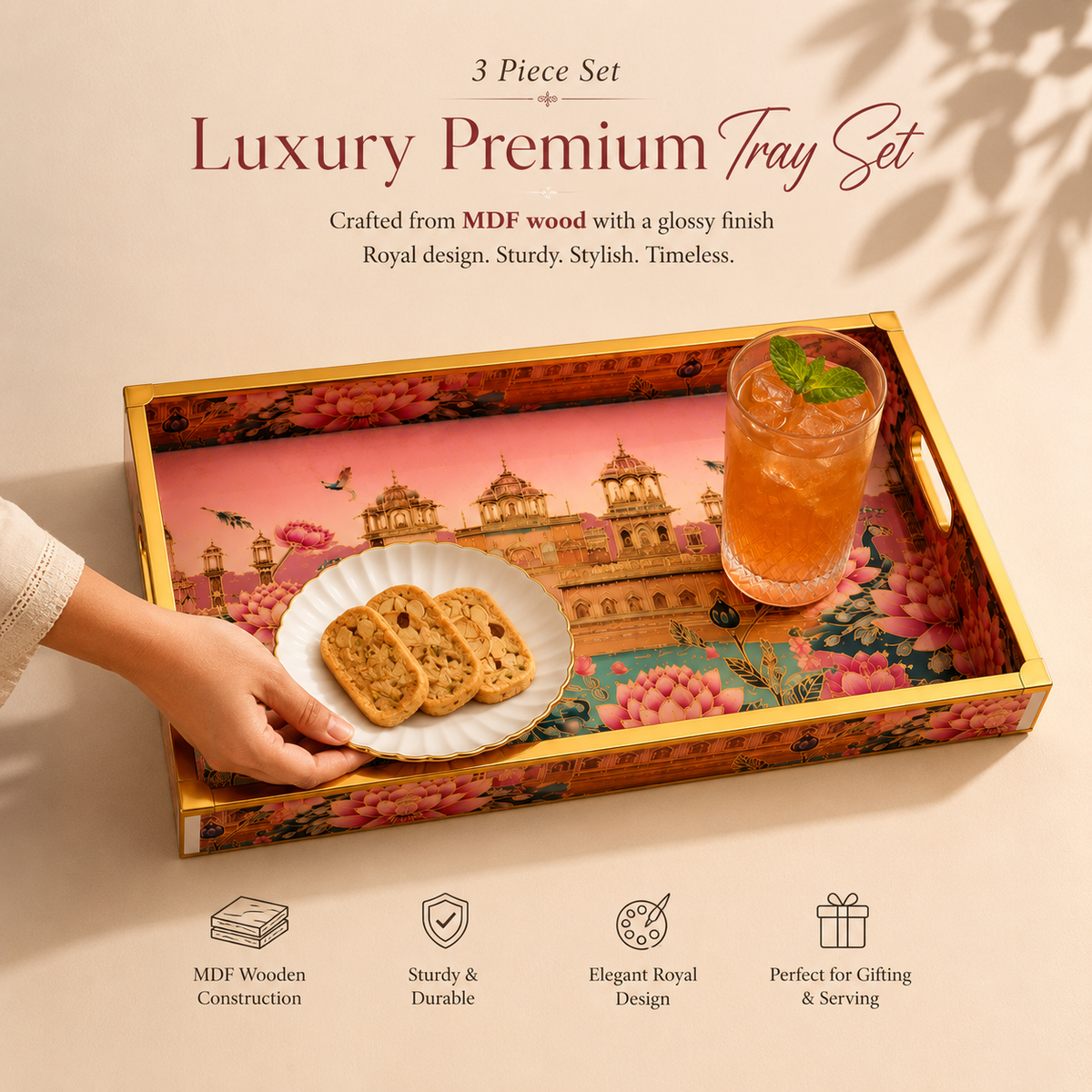 Rajwada Golden 3Pcs Tray Set