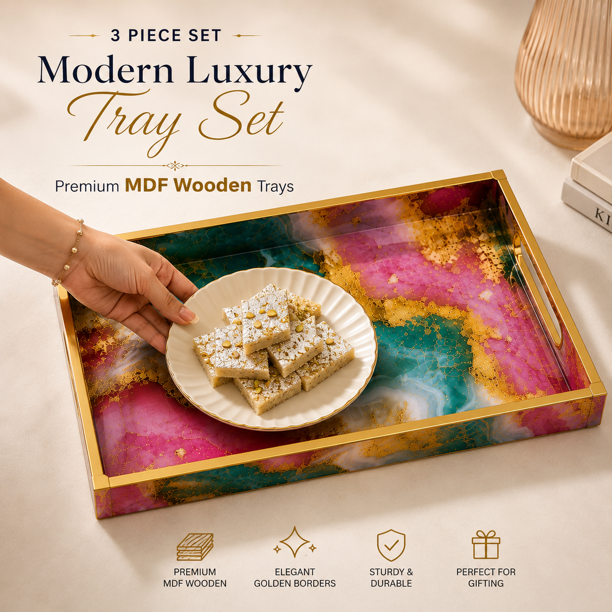 Golden Lagoon Marble 3 Pcs Tray Set