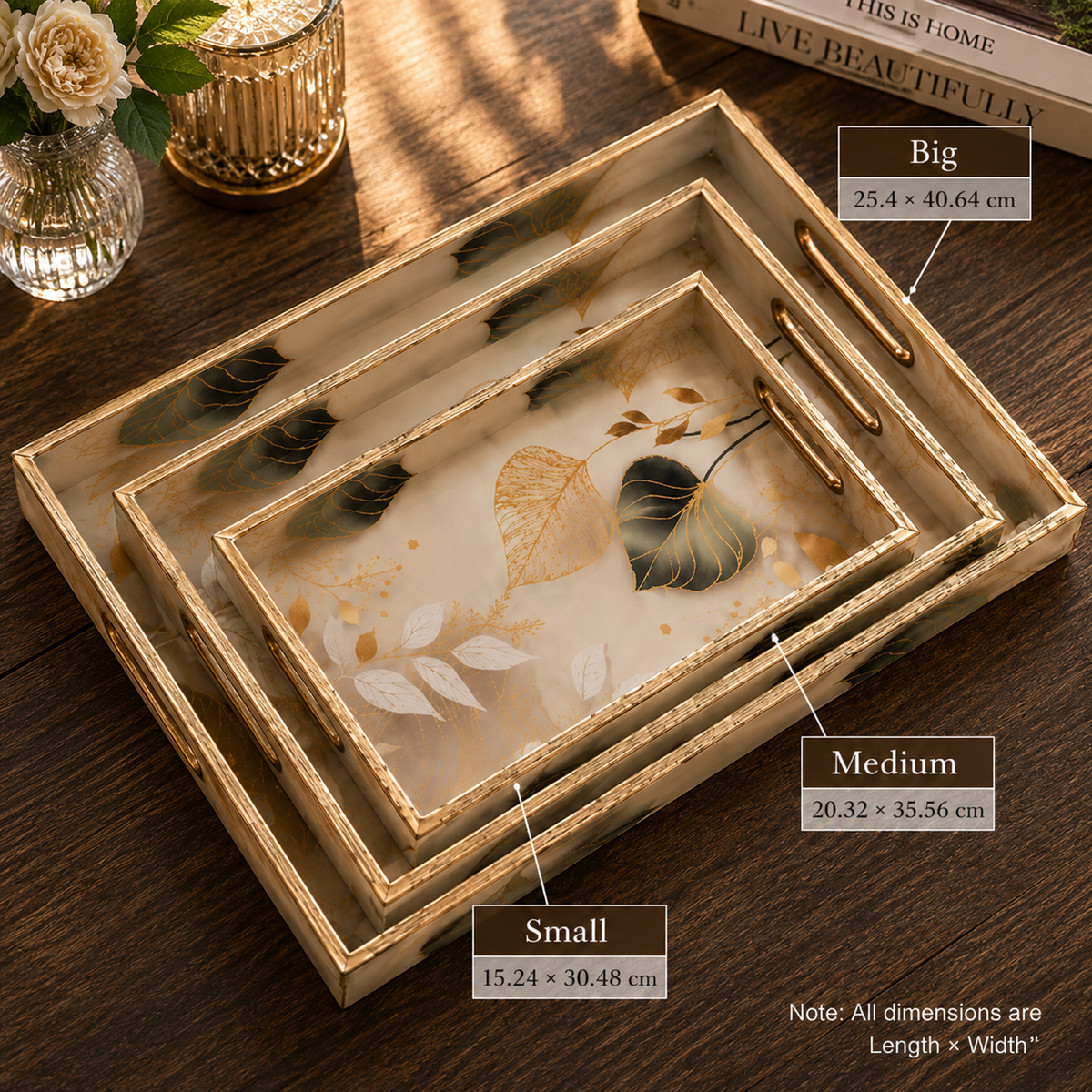 Golden Ivory Leaf 3Pcs Tray Set