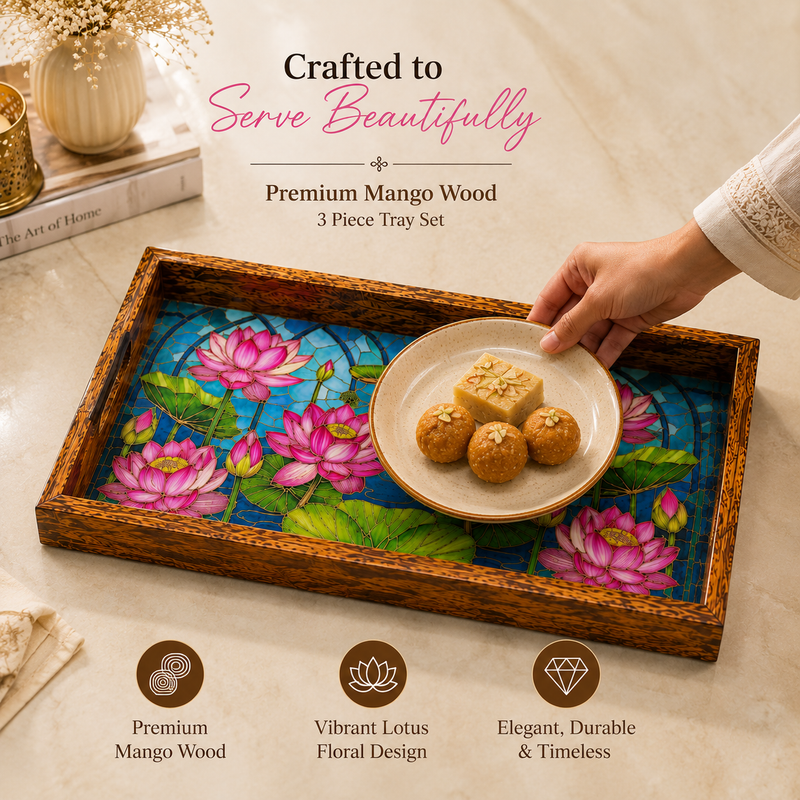 Azure Lotus Bloom 3Pcs Tray Set