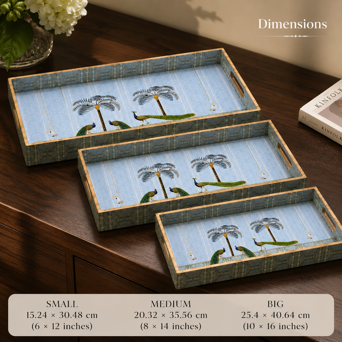 Golden Blue Palm 3Pcs Tray Set