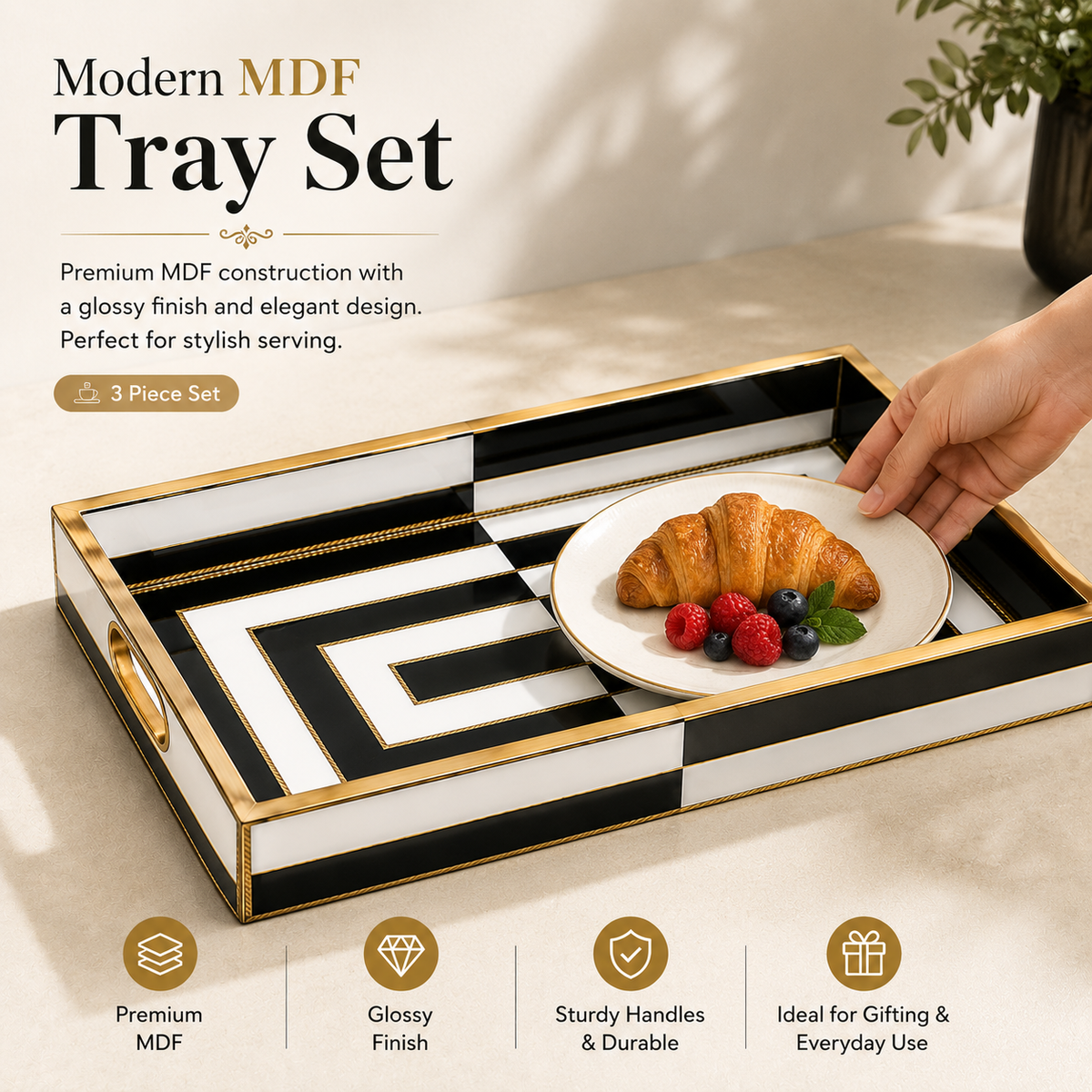 Golden Noir Geometry 3Pcs Tray Set