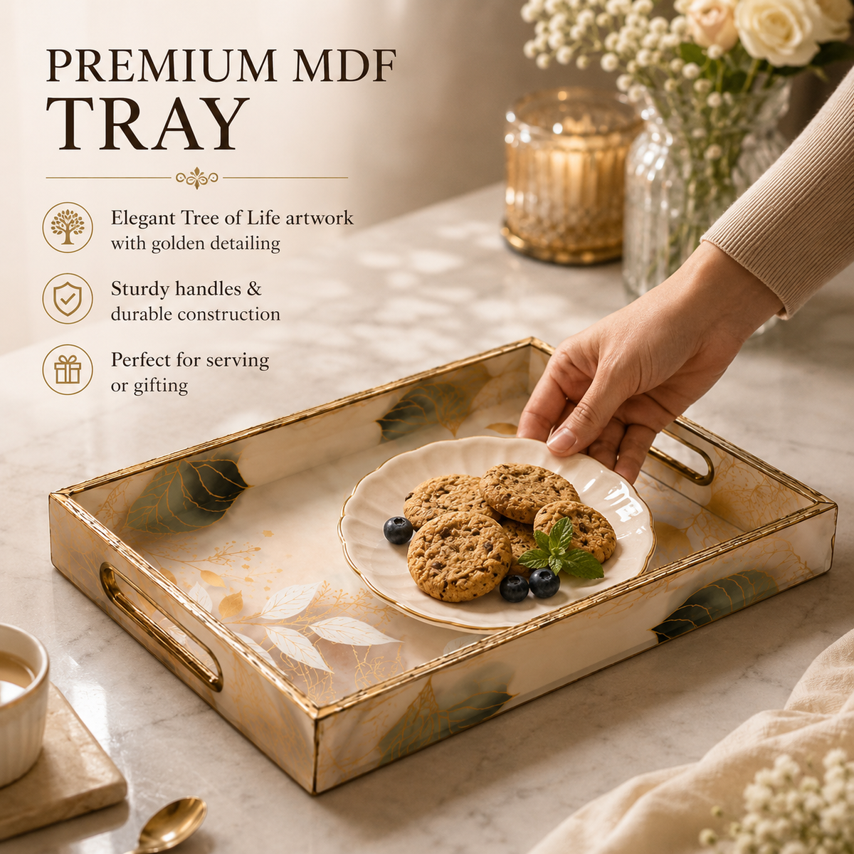 Golden Ivory Leaf 3Pcs Tray Set