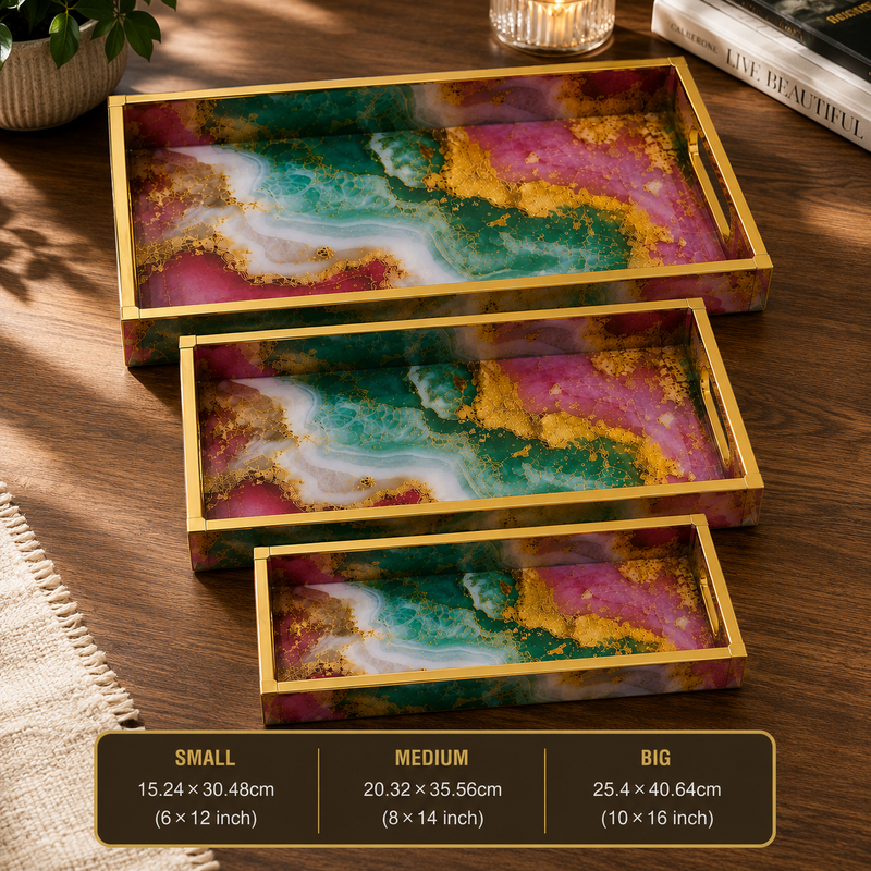 Golden Lagoon Marble 3 Pcs Tray Set