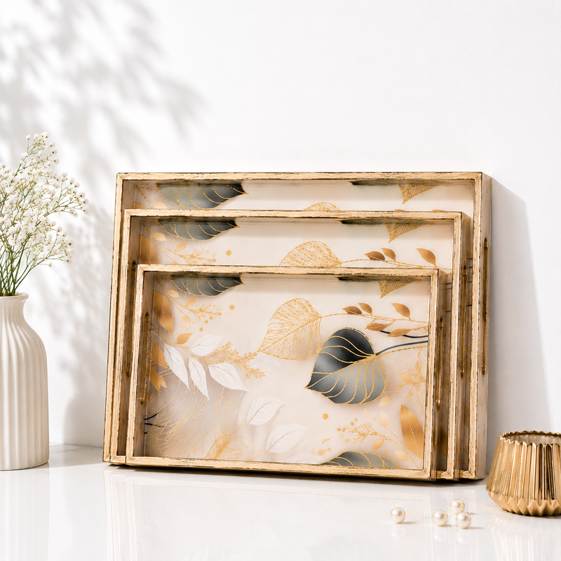 Golden Ivory Leaf 3Pcs Tray Set