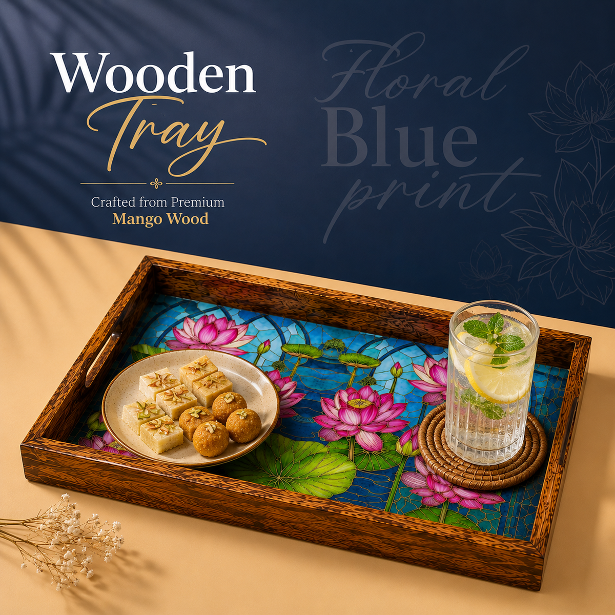 Azure Lotus Bloom 3Pcs Tray Set