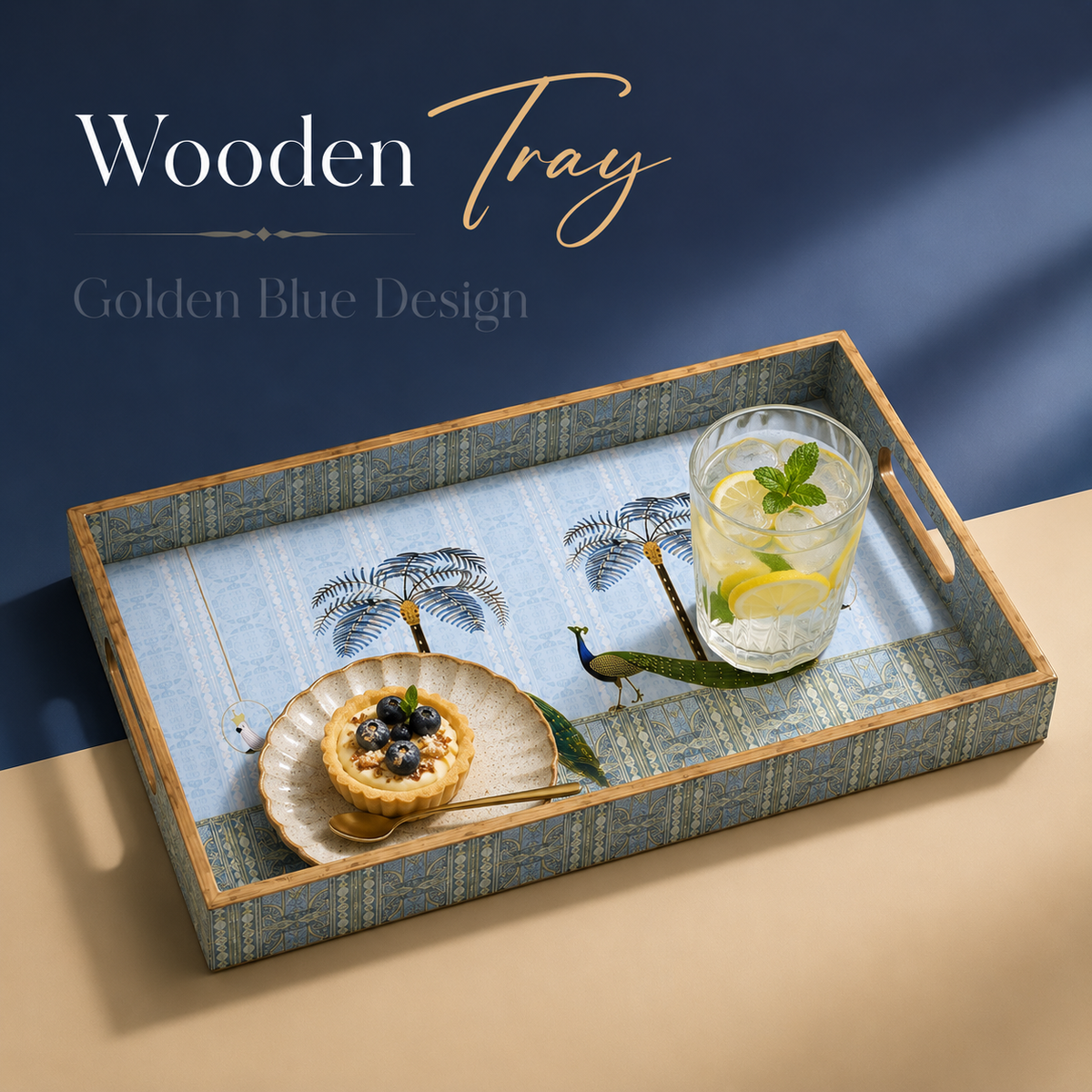Golden Blue Palm 3Pcs Tray Set
