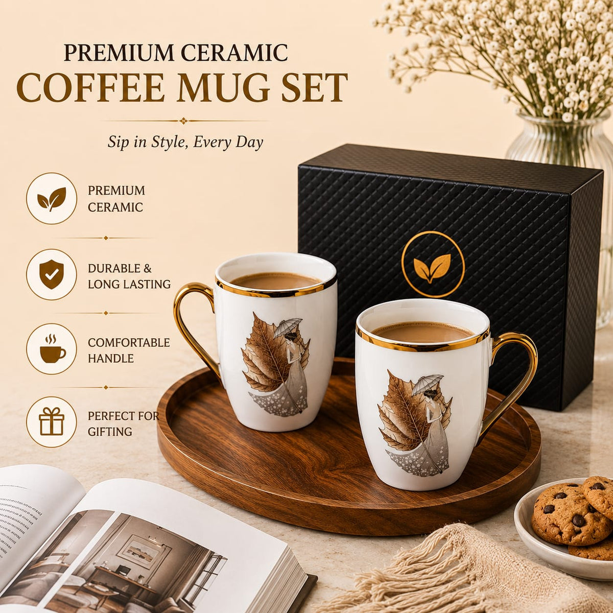 24k rose gold plated lady leaf milk mug - set of 2