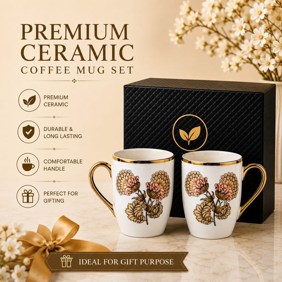 24k rose gold plated sunflower leaf milk mug - set of 2