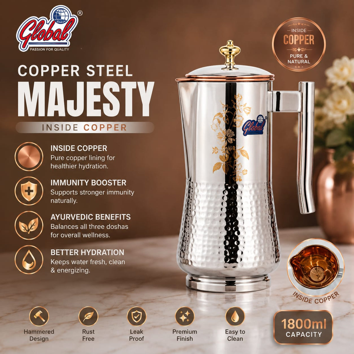 Magesty Hammered Copper steel jug - 1800 ml