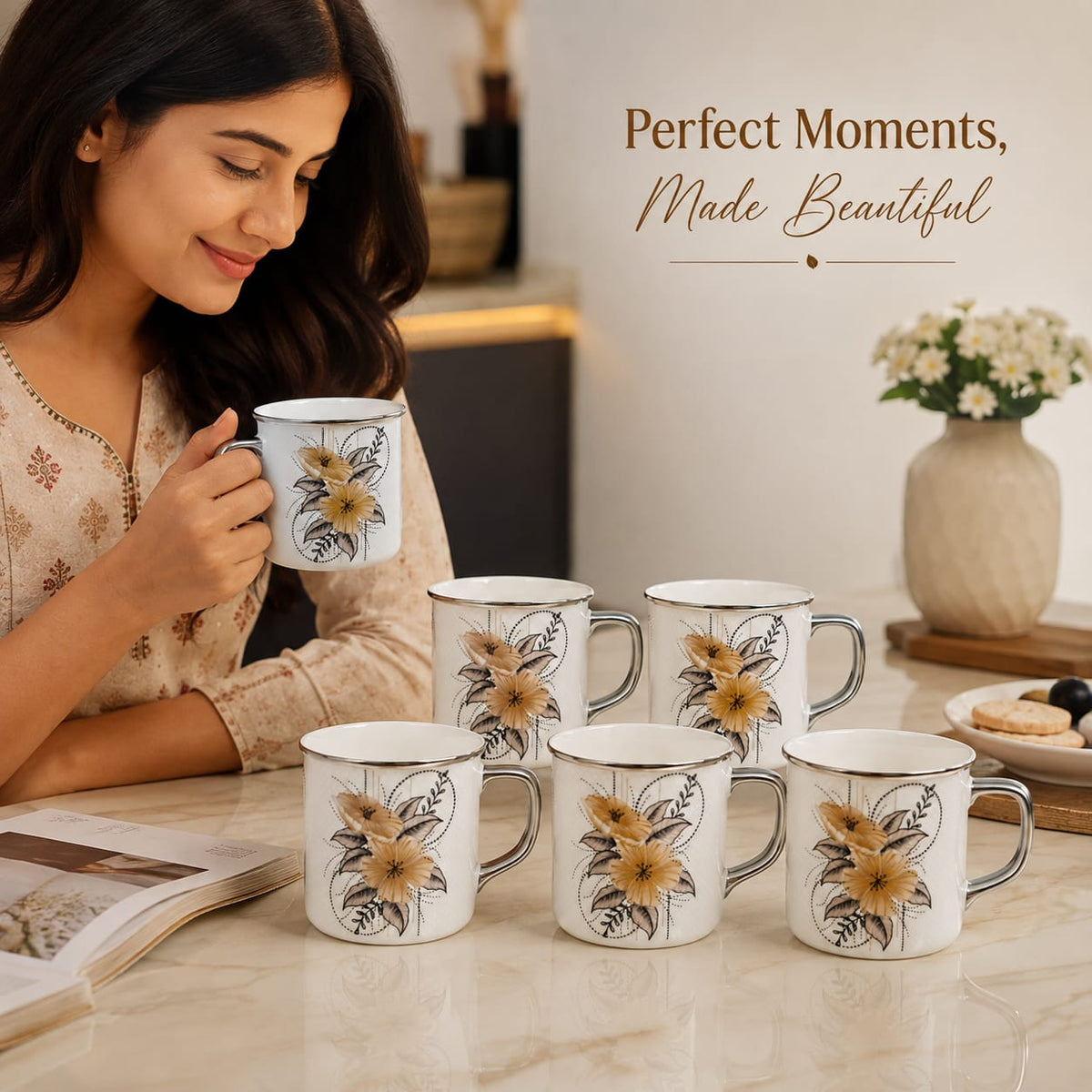Platinum floral mug set