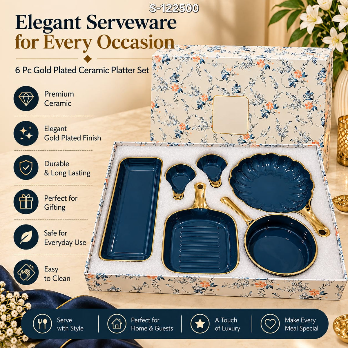 6 Pc Gold Plated Ceramic Platter Set